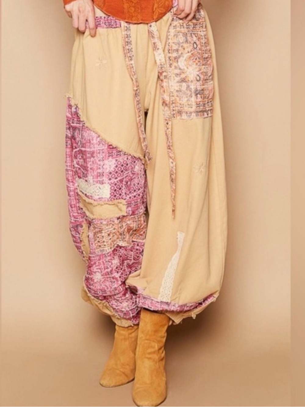NWOT POL Boho Mix of Patches Boho Joggers in Beige and Pink